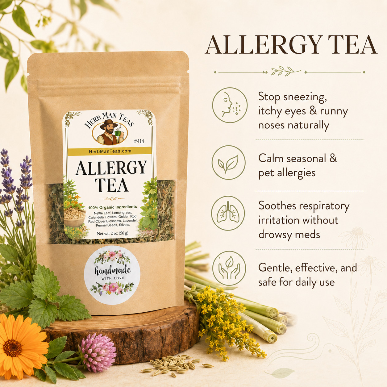 ALLERGY TEA for seasonal & pet allergies with running nose, sneezing, itchy eyes