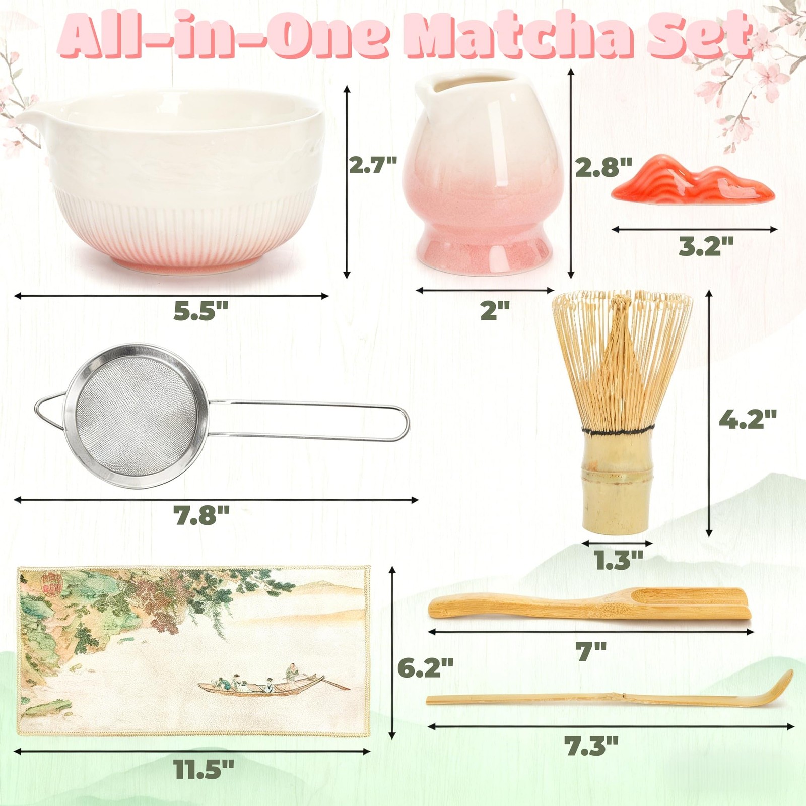 8 Pack Matcha Whisk Set, Japanese Matcha Tea Set, Ceramic Mixing Bowl with Sp…