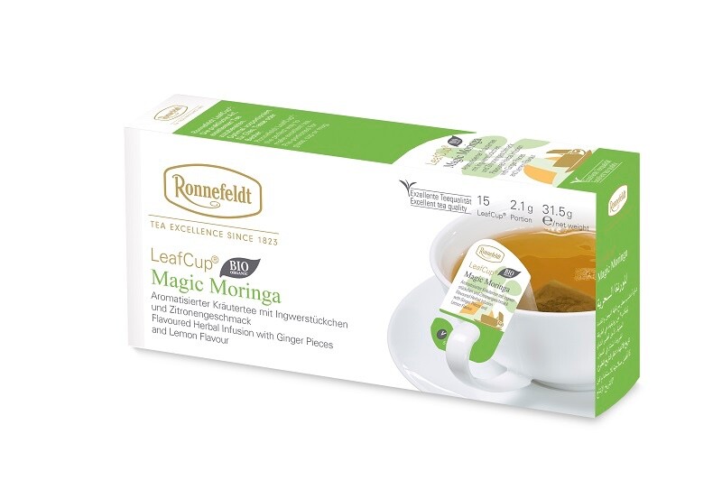 Ronnefeldt Leafcup® Magic Moringa. 15 premium herbal tea bags with ginger