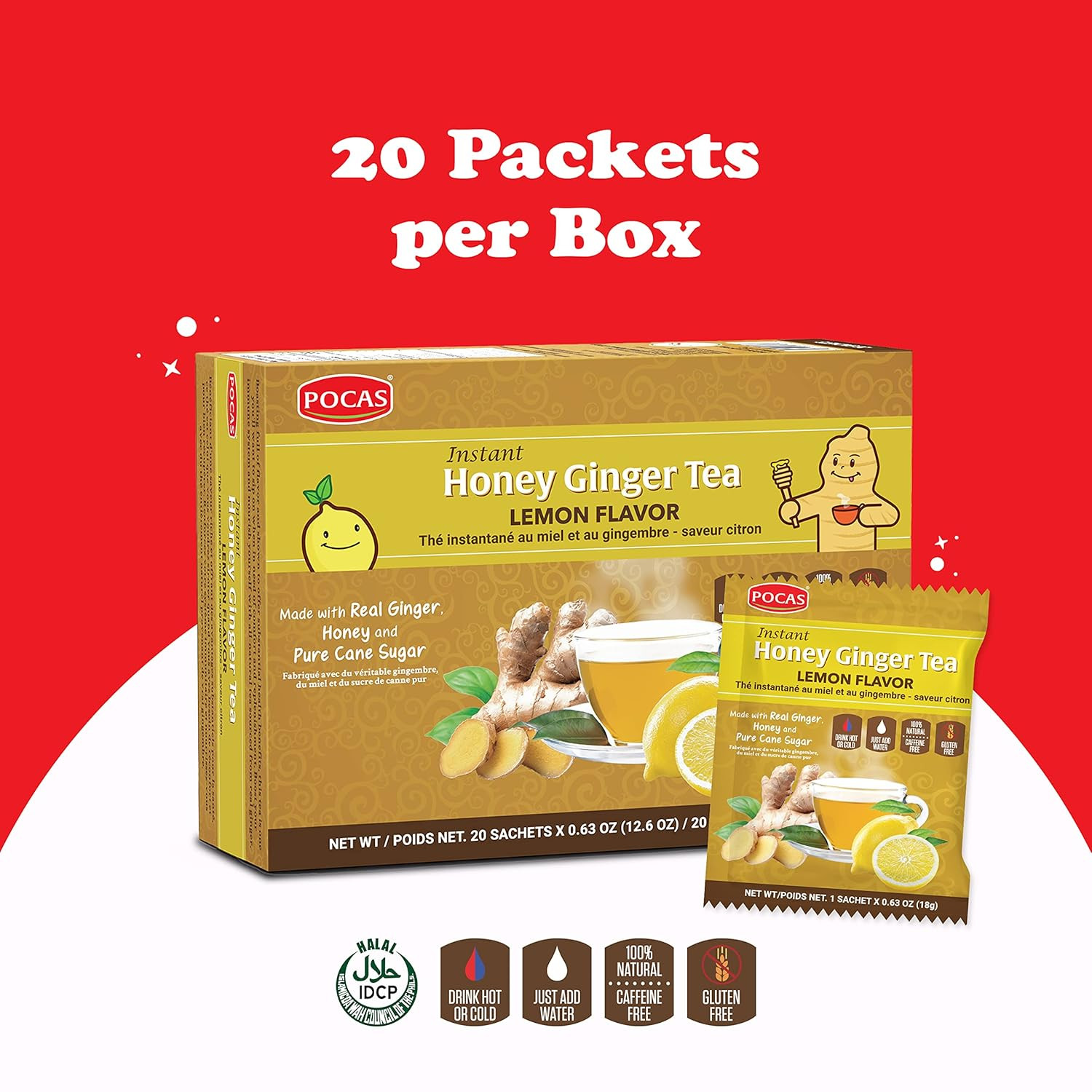 Pocas Honey Ginger Instant Tea Powder, Lemon Flavor 2-Pack, Ginger Extract & Rea