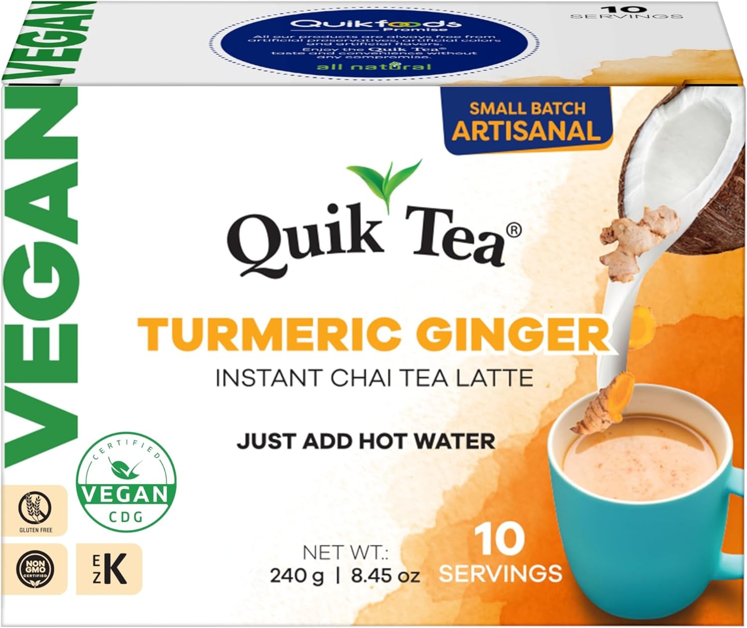 QuikTea Instant Vegan Turmeric Ginger Chai Tea Latte – 10 Count, earthy