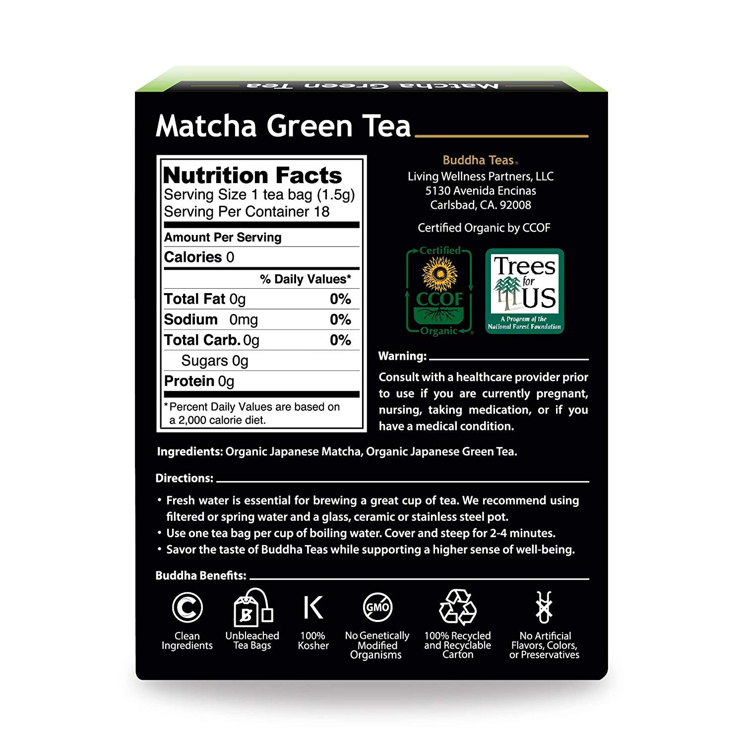 Buddha Teas 100% Organic Herbal Matcha Green Tea, 18 Tea Bags