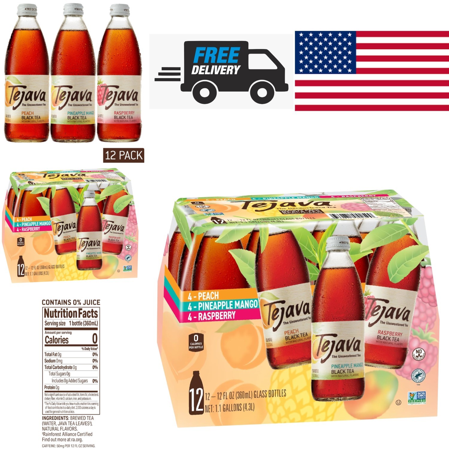 Black Tea Sampler 12 Ounce Bottles Unsweetened Peach Raspberry Pineapple Mango
