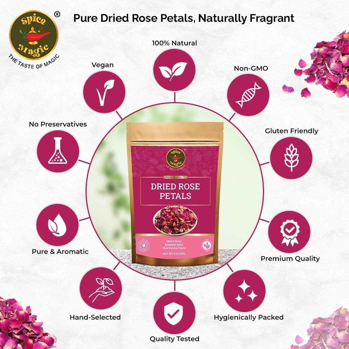 Spice Magic Dried Rose Petals | 100% Natural & Edible Rose Petals I Perfect f…