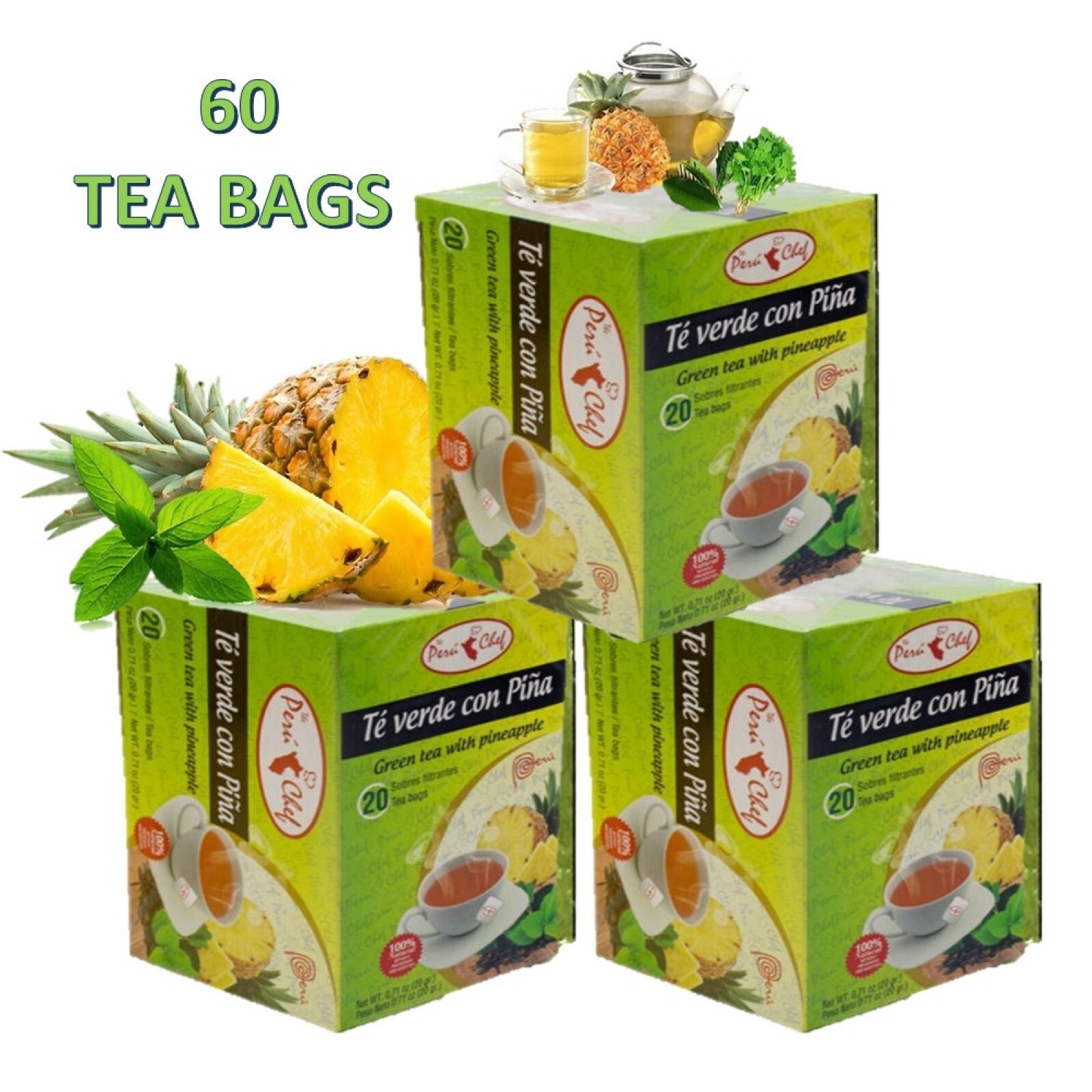Green tea with Pineapple Flavor 20 count 3 Pack total 60 bags detox te 4 U