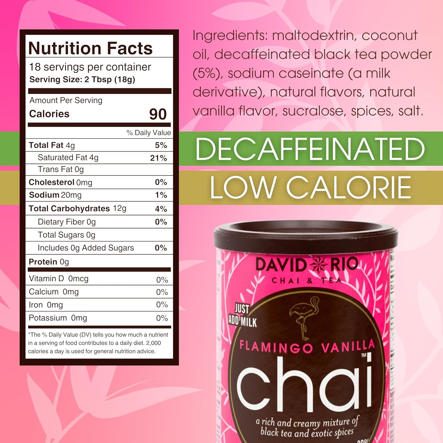 Flamingo Vanilla Decaffeinated Reduced Calorie Chai Tea Latte Mix, 11.9 Oz, Deca