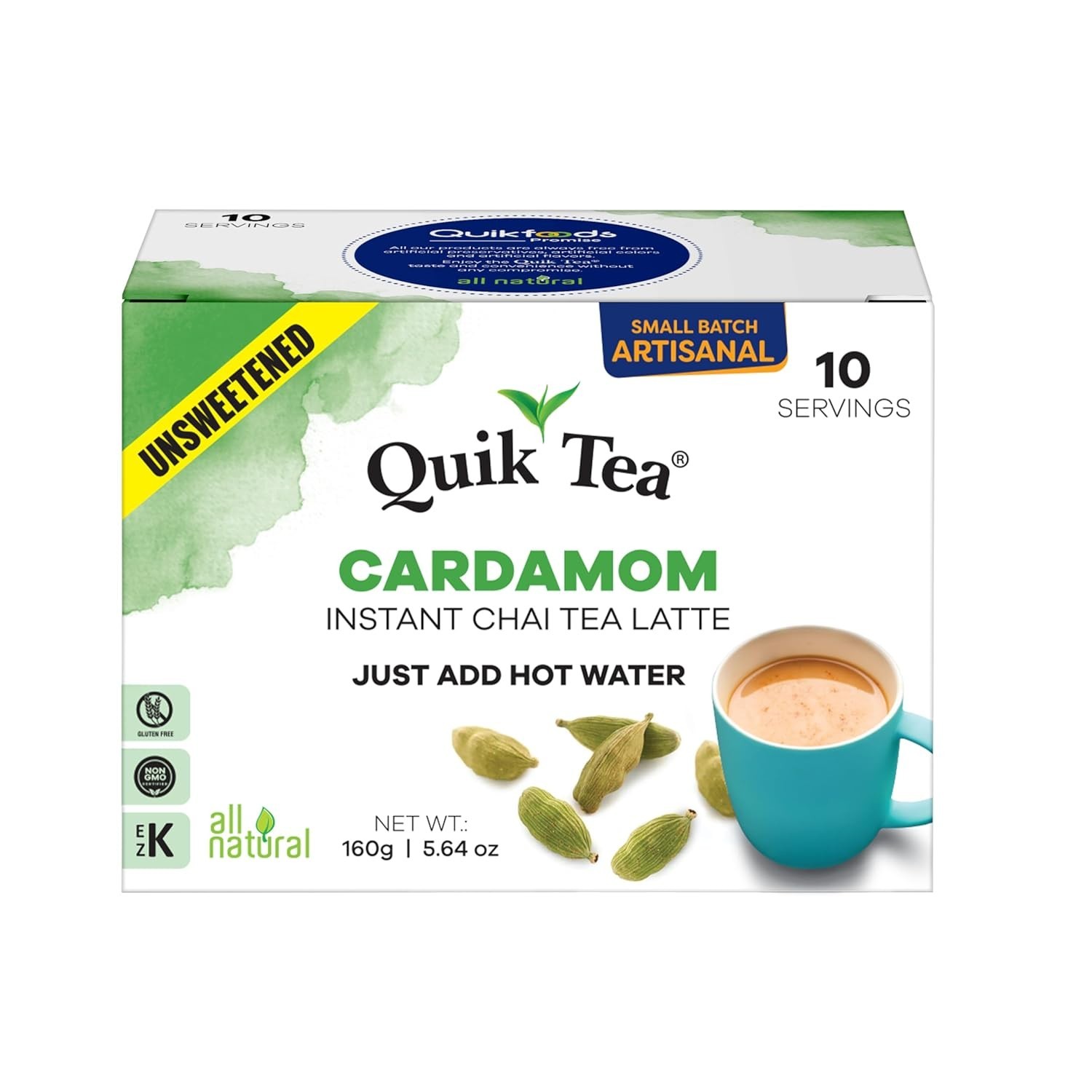 QuikTea Instant Unsweetened Cardamom Chai Tea Latte – 10 Count, (pack of 1)