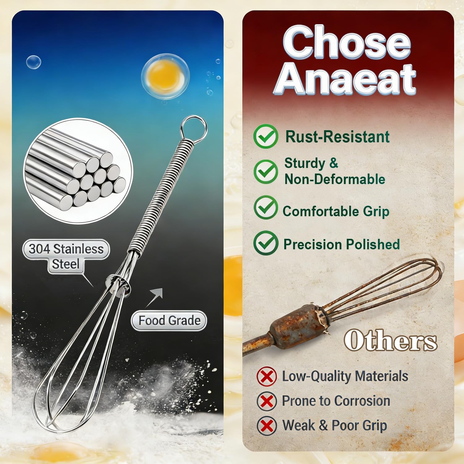 Anaeat Mini Wire Whisks, Set of 2 Portable Stainless 5+7 inch, 2 Pcs Silver