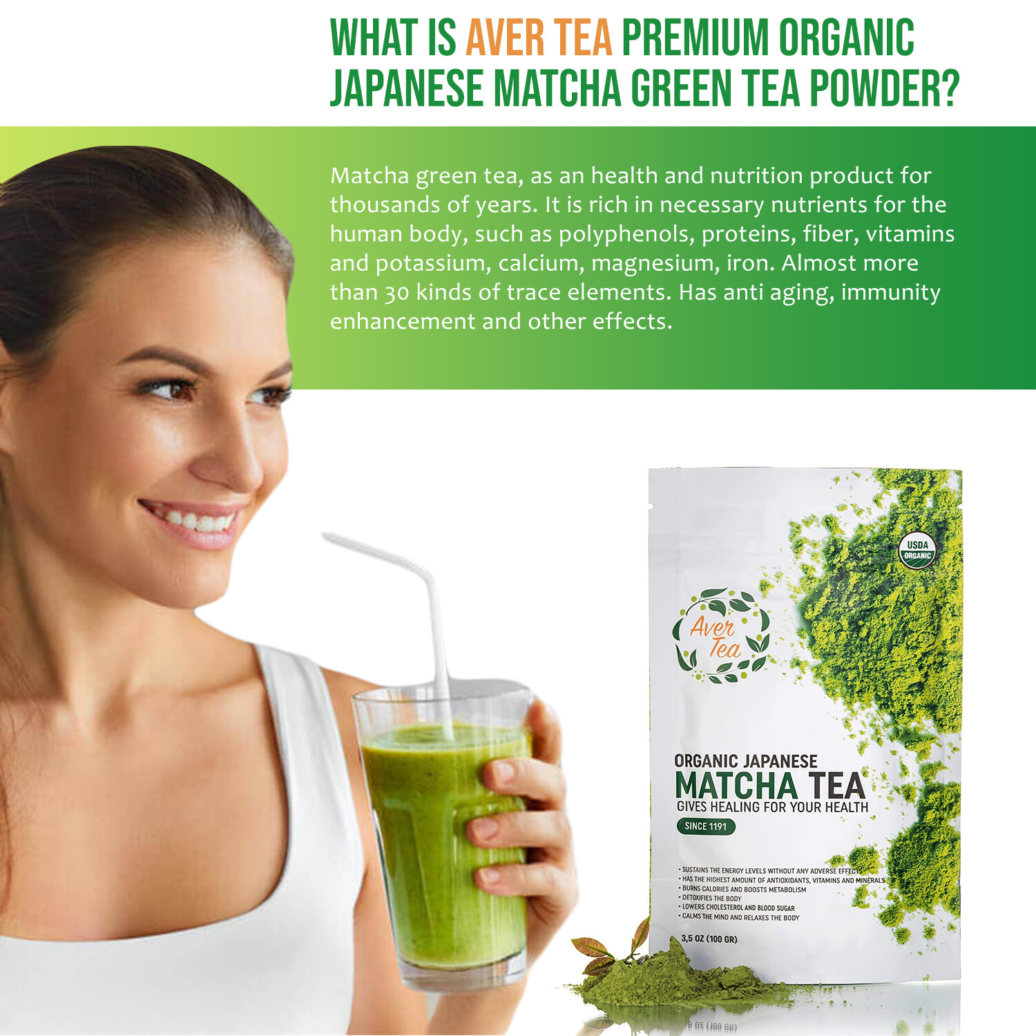 AverTea Organic Matcha Green Tea Powder – Classic Japanese Natural Tea Grade