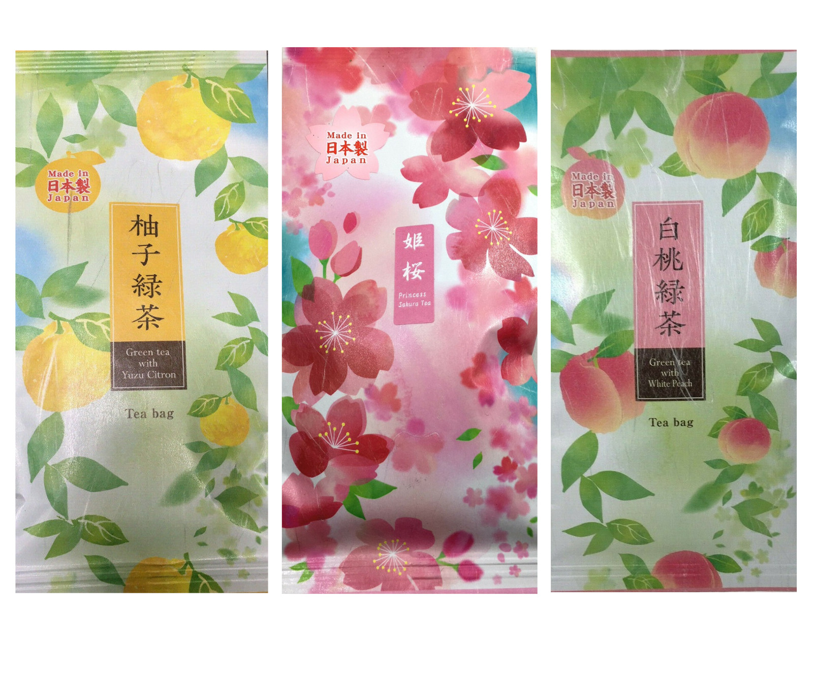 SET of 3 Pack Japanese TA-FU Green Tea Bags (Yuzu Citron, Sakura & White Peach)