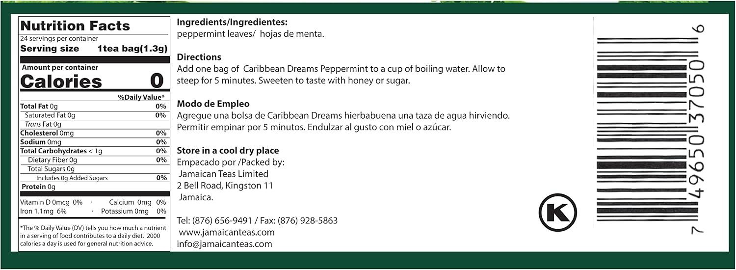 Peppermint Tea, 24 Tea Bags, 100% Natural Peppermint Leaves Tea from Jamaica