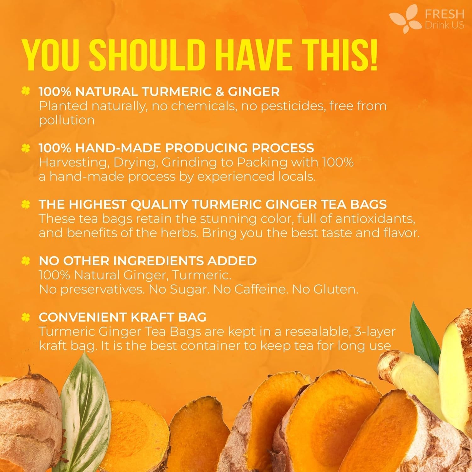 FreshDrinkUS, Premium 135 Ginger Turmeric Tea Bags, 100% Natural Ingredients, Ha