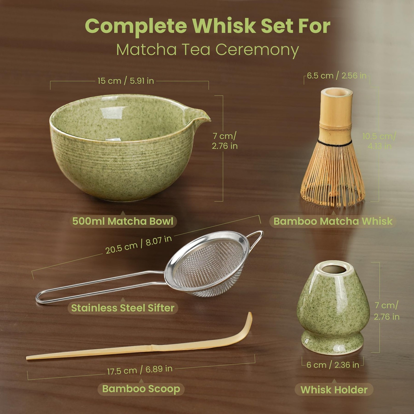 Matcha Whisk Set 5 Pc Ceramic Bowl Bamboo Chasen Scoop Holder Sifter