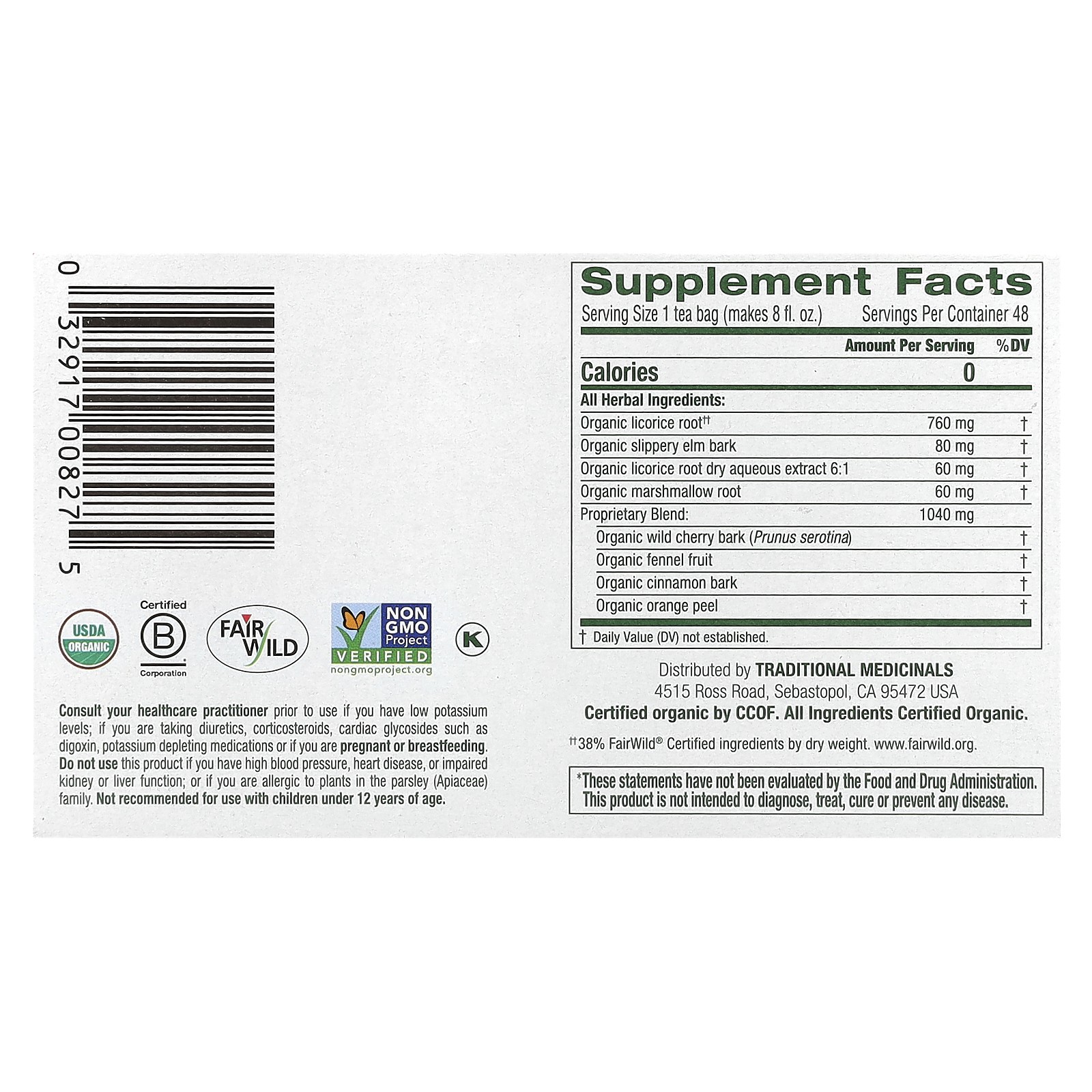 Organic Throat Coat®, Original with Slippery Elm, Caffeine Free, 48 Wrapped Tea
