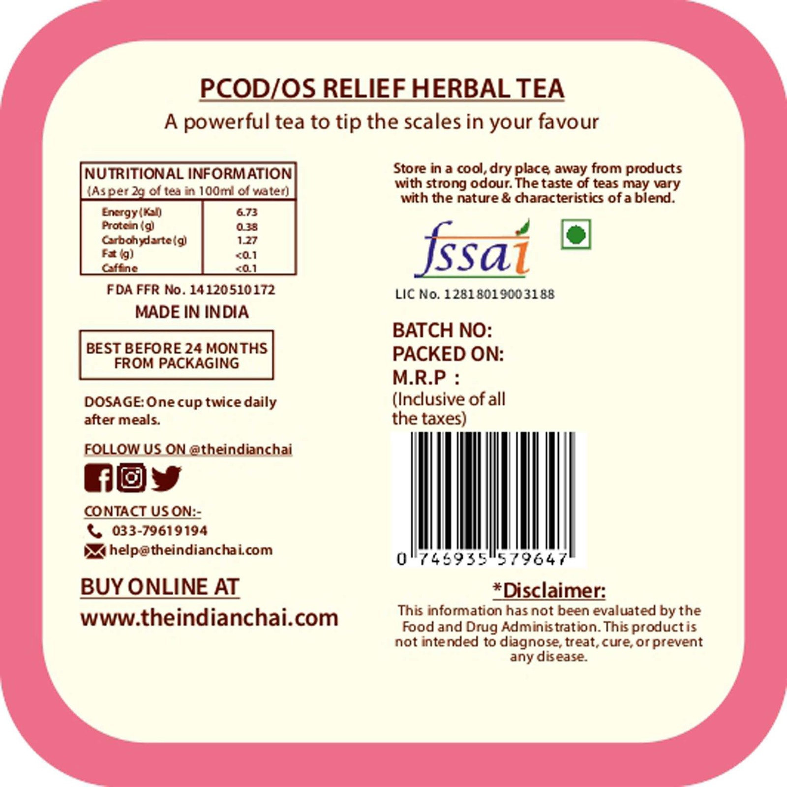 The Indian Chai PCOD PCOS Relief Tea 50g | Herbal Hormonal Balance Blend