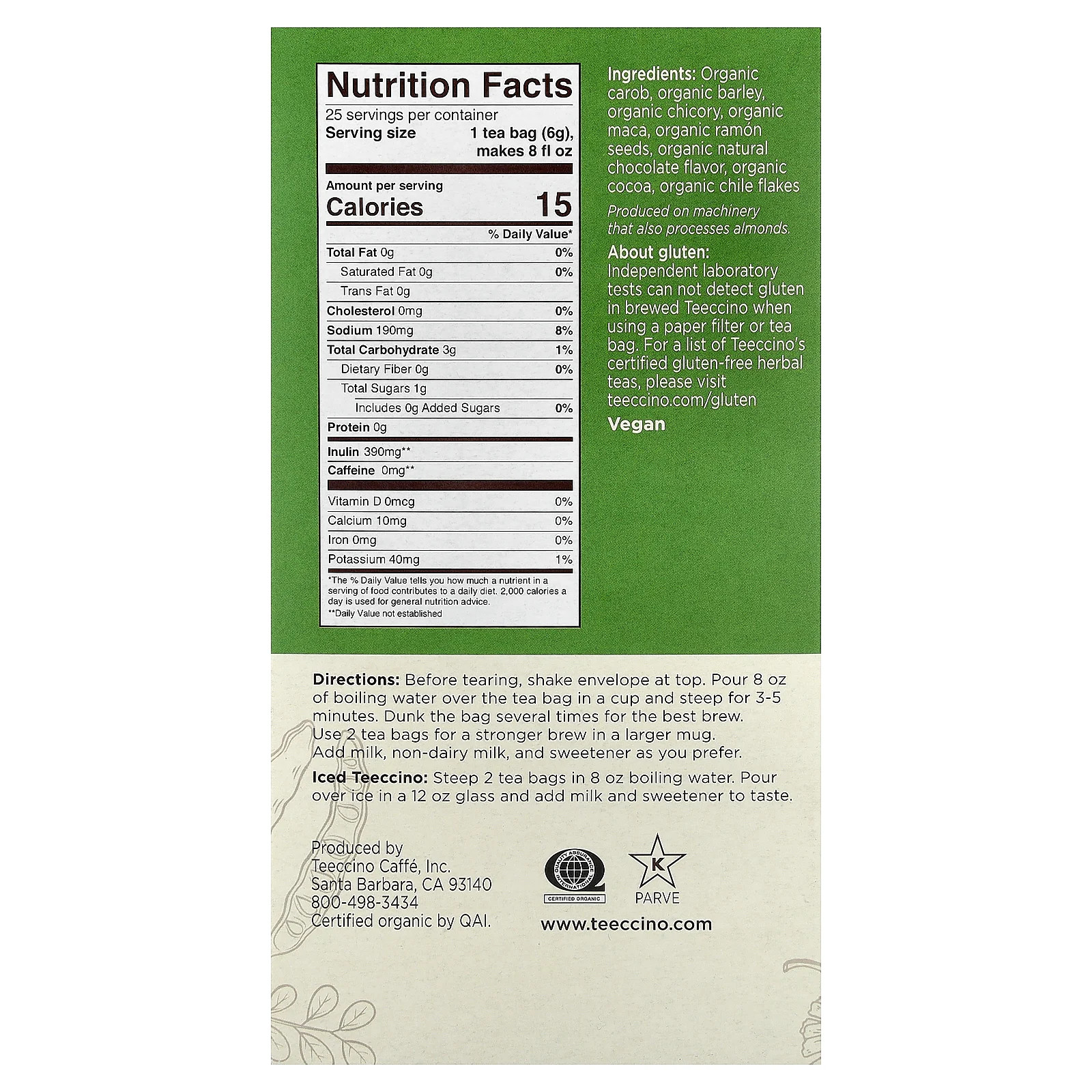 Organic Roasted Herbal Tea, Maca Chocolate, Caffeine Free, 25 Tea Bags, 5.3 oz