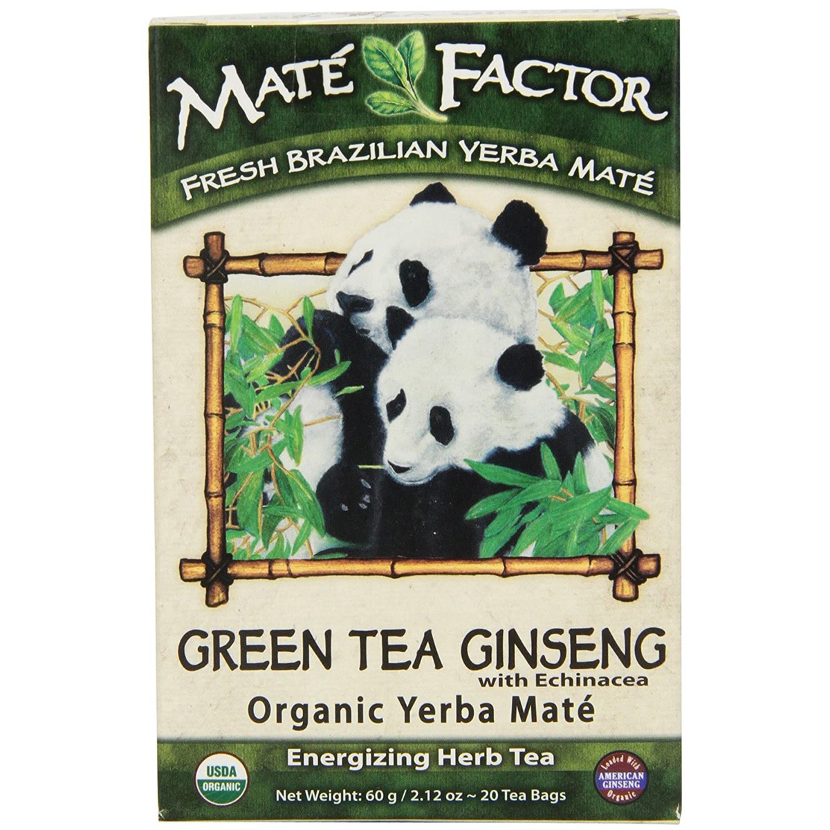 Mate Factor Organic Yerba Green Tea Ginseng 20 Bags 3 Pack