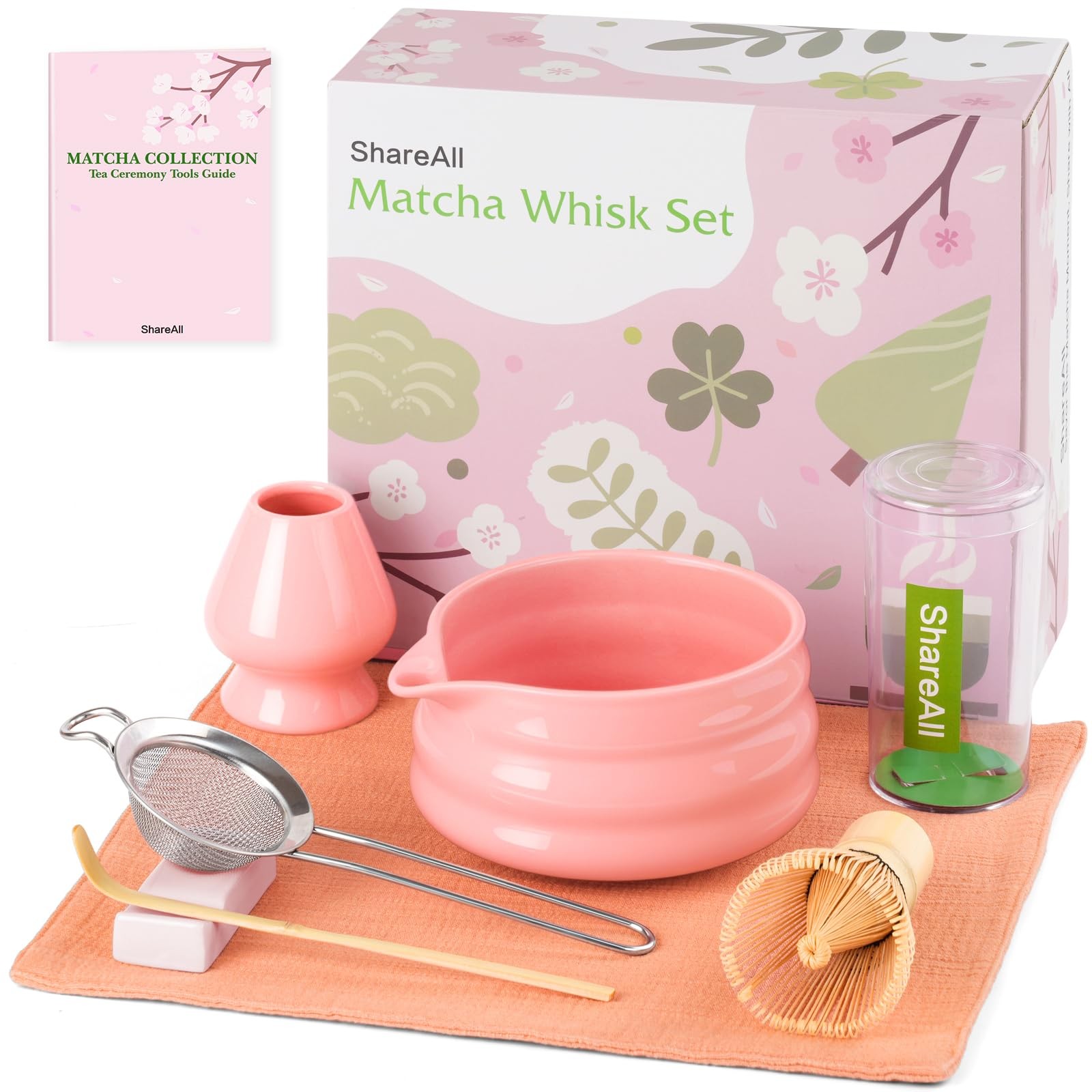 Matcha Set 7Pcs with 18oz Pink Glaze Bowl, Bamboo Whisk & Sifter – Elegant Tea