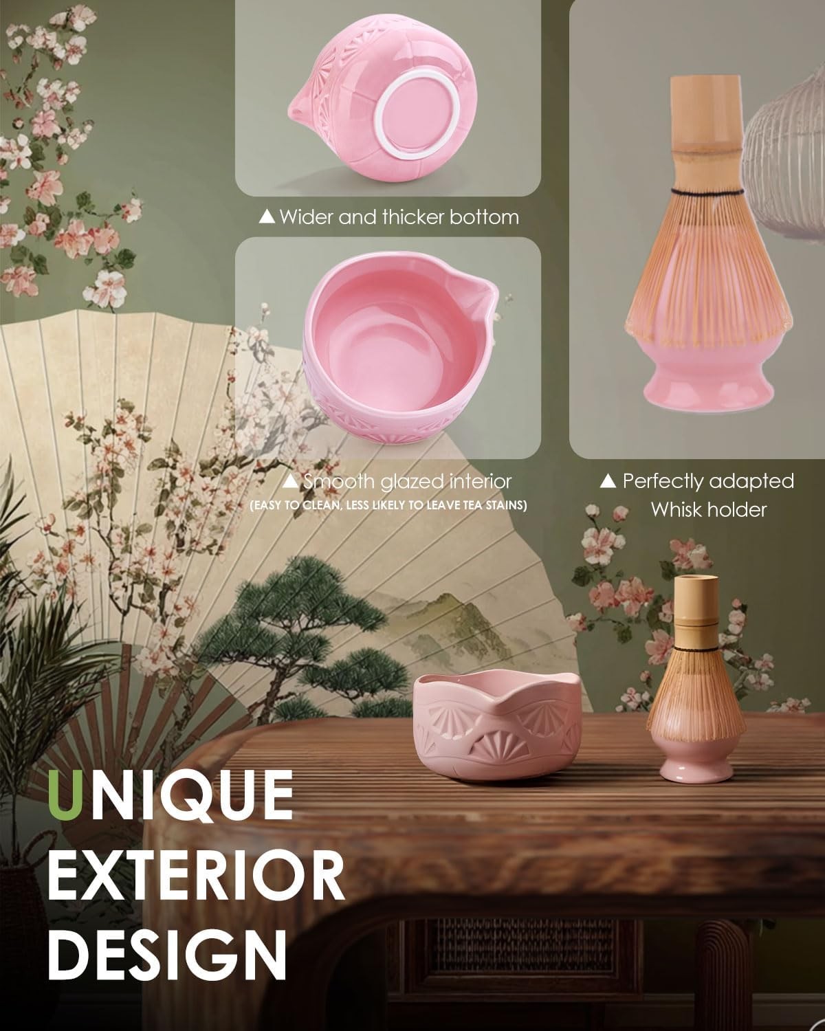 Matcha Whisk Set Bowl with Spout Ceramic Tea Kit 6 Pc for Beginners Pink