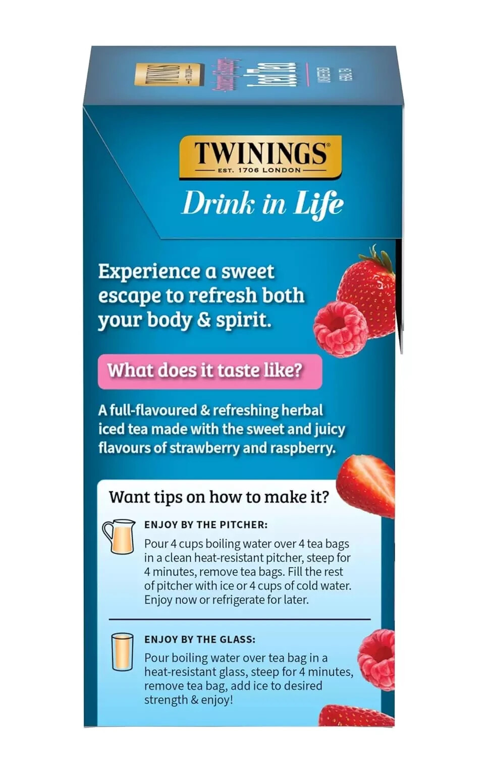 Twinings of London STRAWBERRY & RASPBERRY Iced Tea 72-Bags Unsweetened BB 2/27