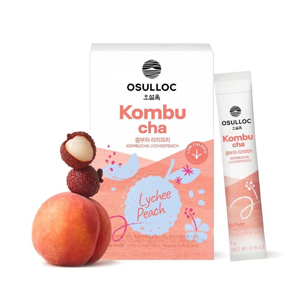 Kombucha Tea Powder Lychee Peach Pack of 10 Sugar-Free Sparkling Beverages