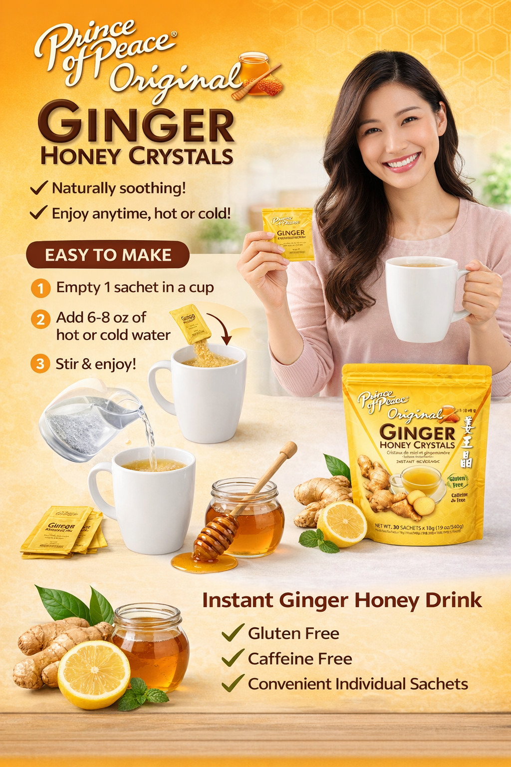 Prince of Peace Ginger Honey Crystals 30ct Instant Herbal Tea Drink