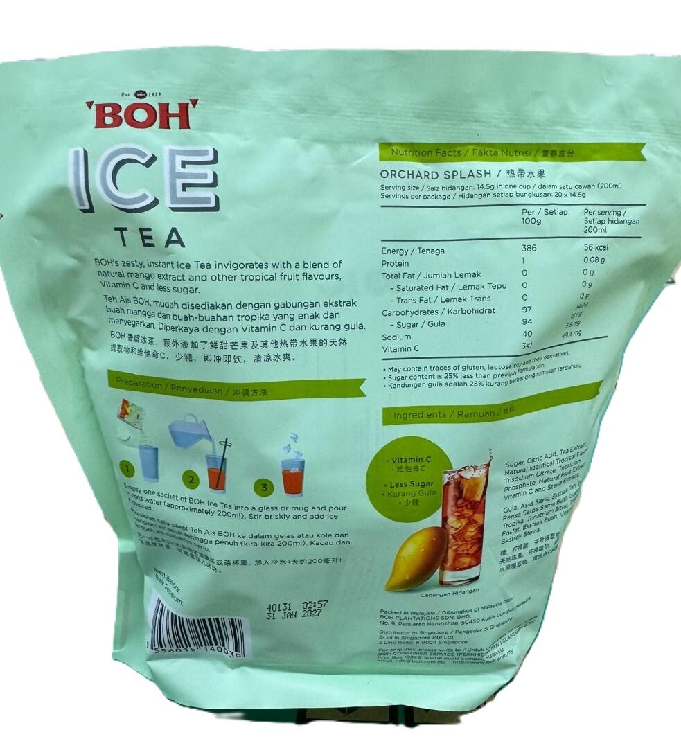 Boh Ice Tea Instant Mix Orchard Splash Vit C L/Sugar 20s x 14.5g – 1 Pack