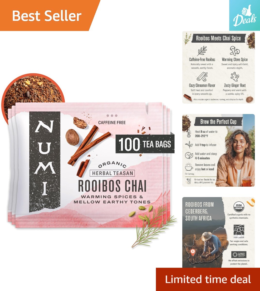 Caffeine-Free Organic Rooibos Chai – 100 Tea Bags for Relaxation & Wellness