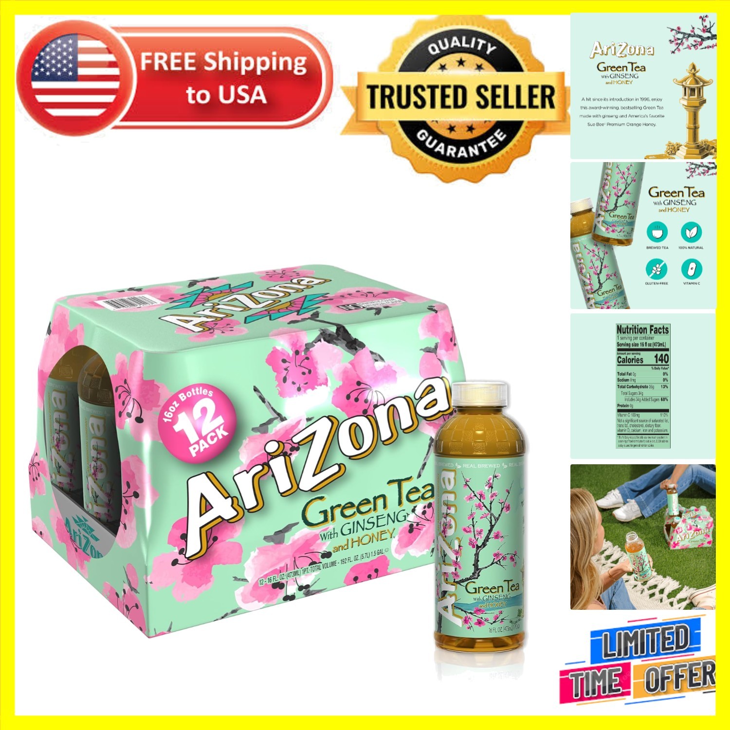 Brewed Green Tea with Ginseng and Honey – 16 Fl Oz, 12 Refreshing Bottles