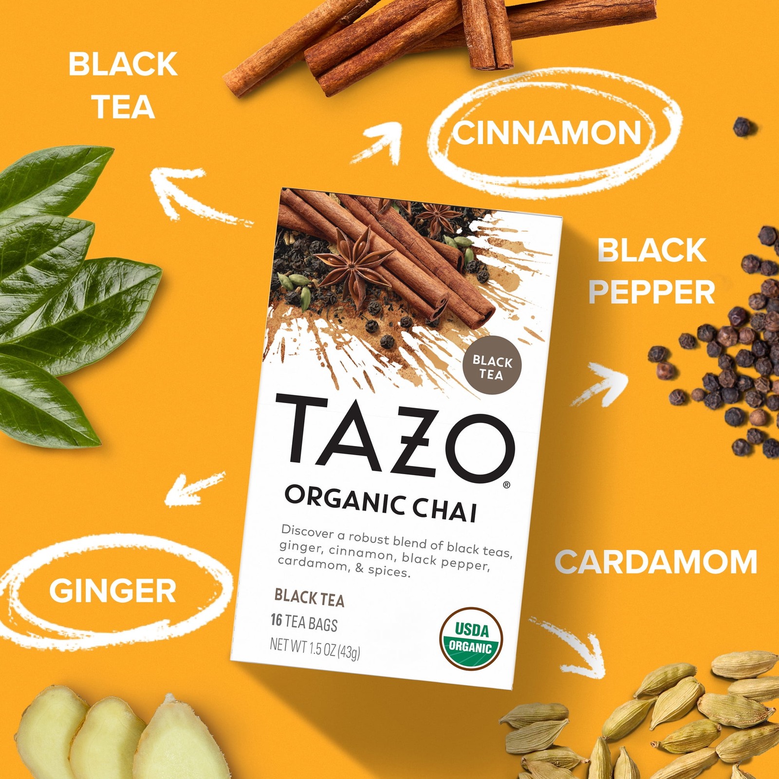 Tazo Organic Chai Black Tea Bags 16 Ct Box (Pack Of 4 Lot) – (64 Total Tea Bags)