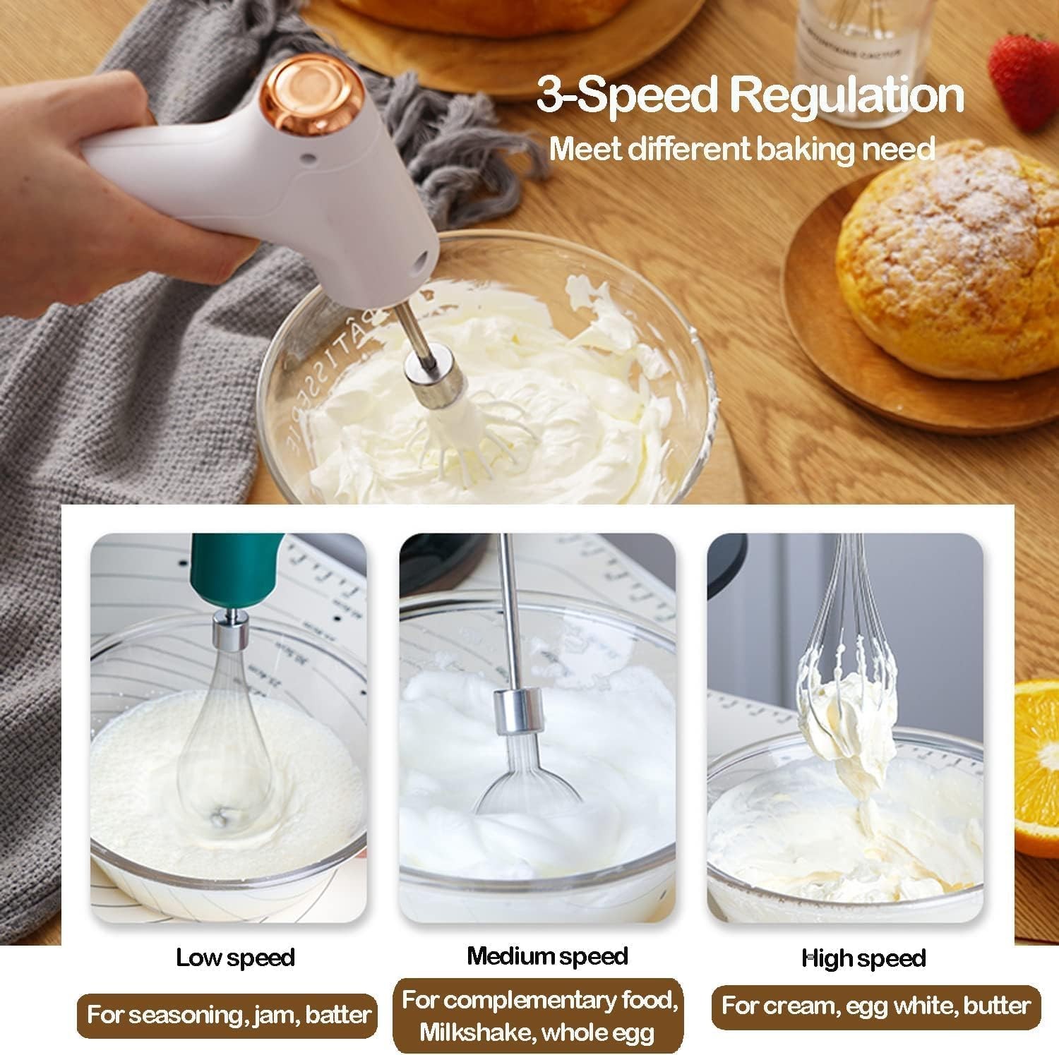 Electric Hand Whisk, USB Rechargeable, Wireless Portable Egg Beater M, White