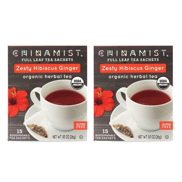 China Mist – Zesty Hibiscus Ginger Organic Black Full Leaf Tea Sachet, 2 Boxes
