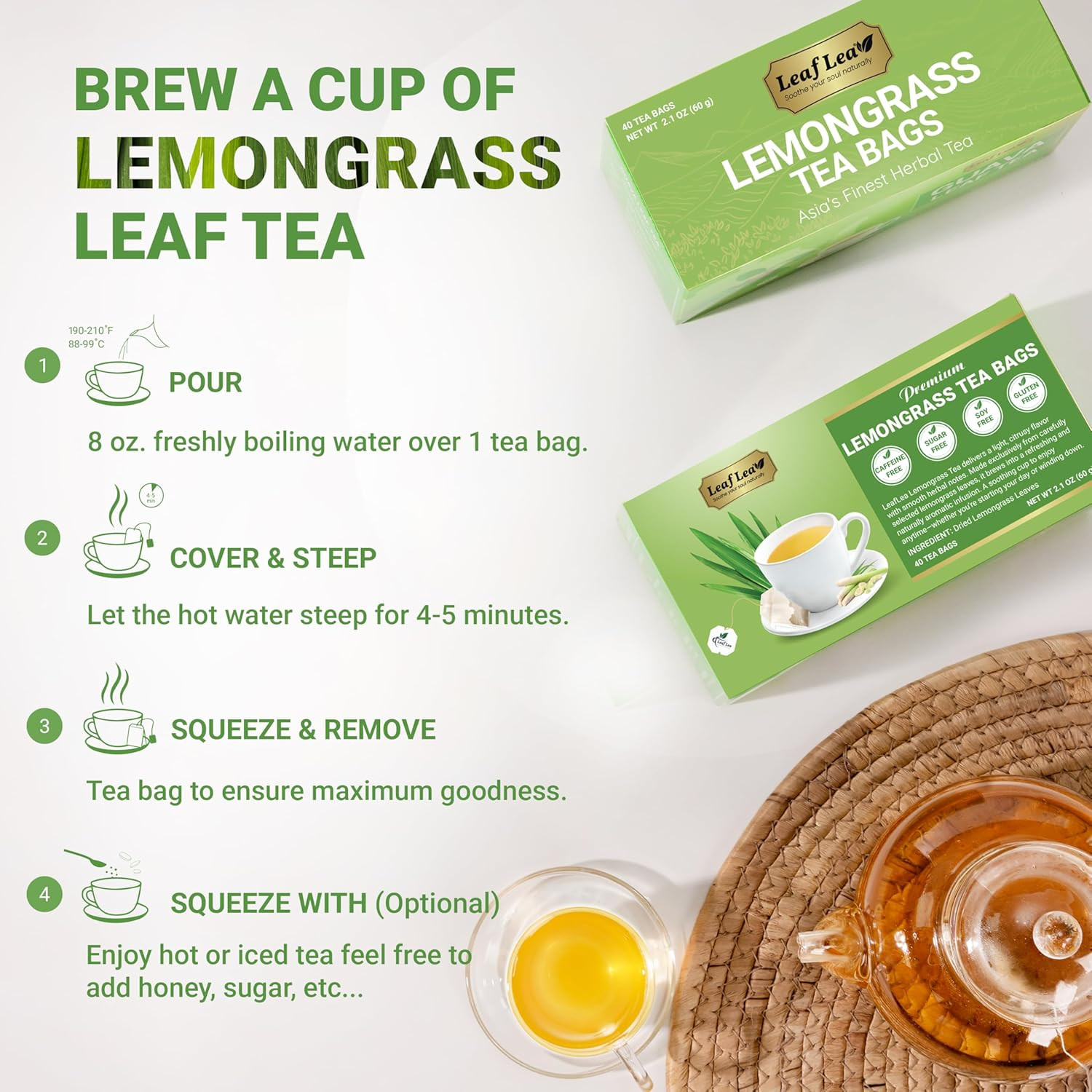 80 Premium Lemongrass Tea Bags, Natural Herbal Lemongrass Leaves, Te De Limoncil