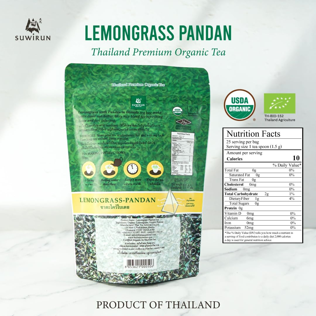 Organic Lemongrass & Pandan Tea 25 Bags – Product of Thailand – Aromatic Thai…