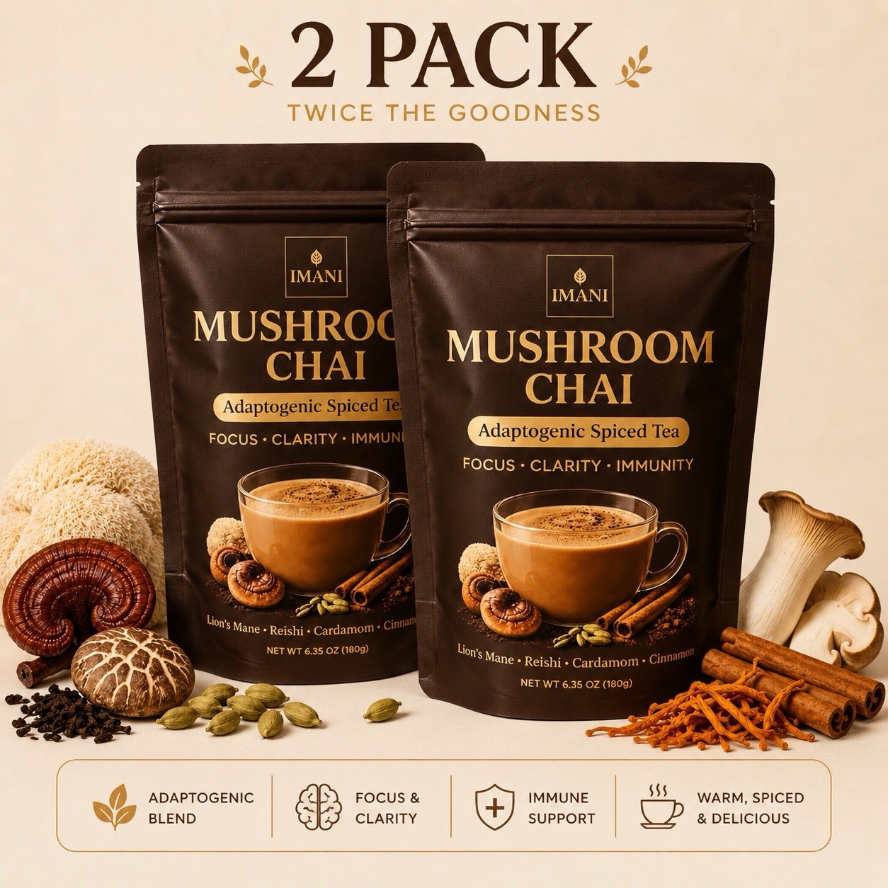 2 PACK IMANI ORGANICS Adaptogenic Mushroom Chai – Focus & Energy Blend 180g