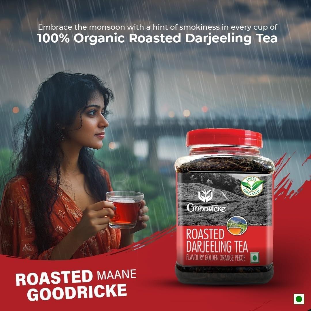 GOODRICKE Roasted Organic Darjeeling Tea Jar 250gm Flavoury Golden Orange Pekoe