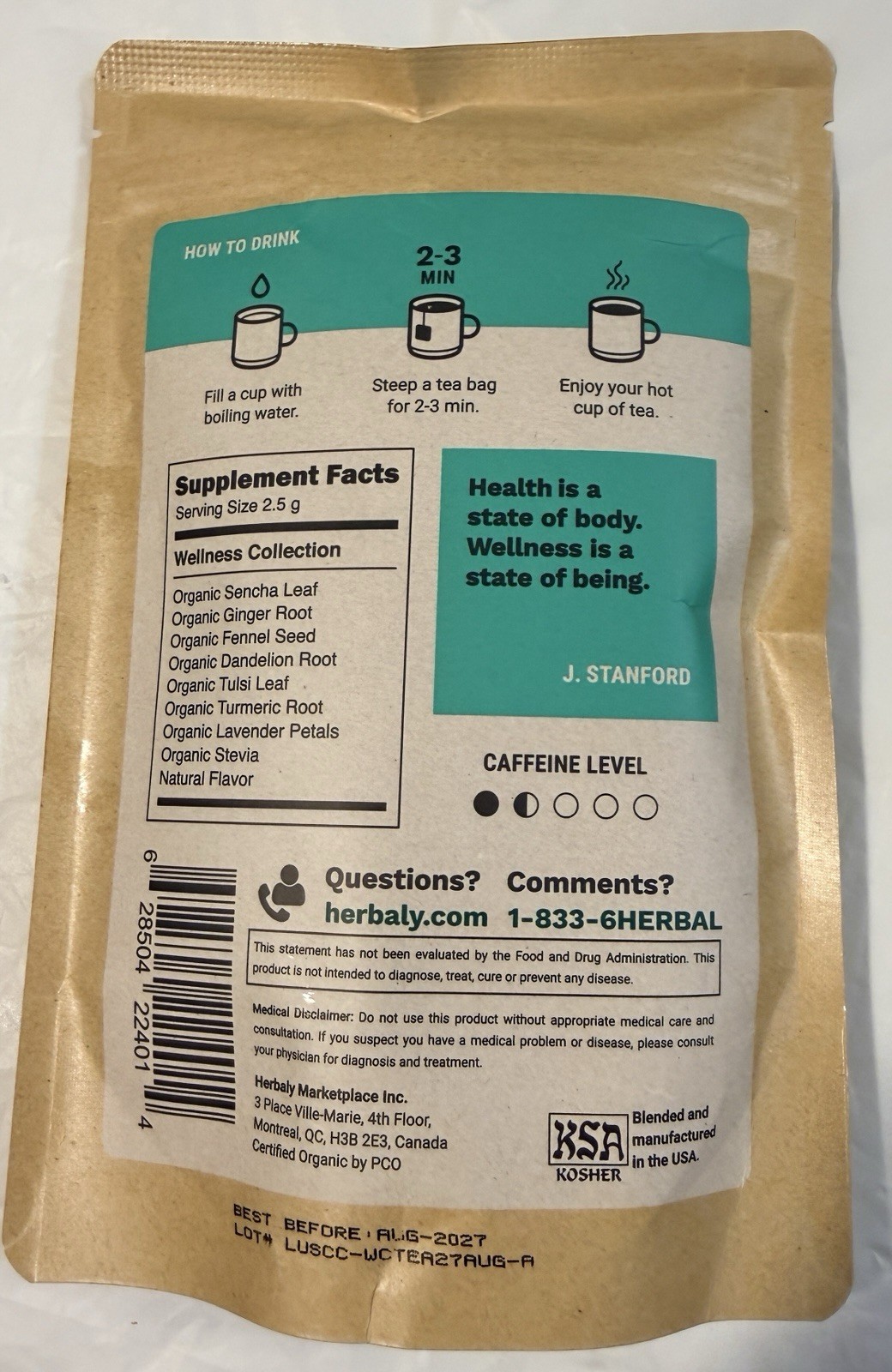 Herbaly Wellness Collection Organic Herbal Ginger Tea, 70 g, 28 Count Bag, 4 pac