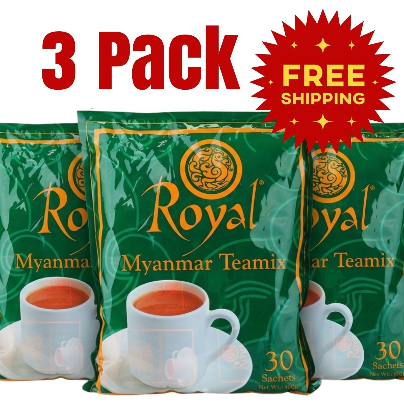 Royal Myanmar Tea Mix 3 Pack Burmese Milk Tea Instant | Laphet Yay 30 Sachets