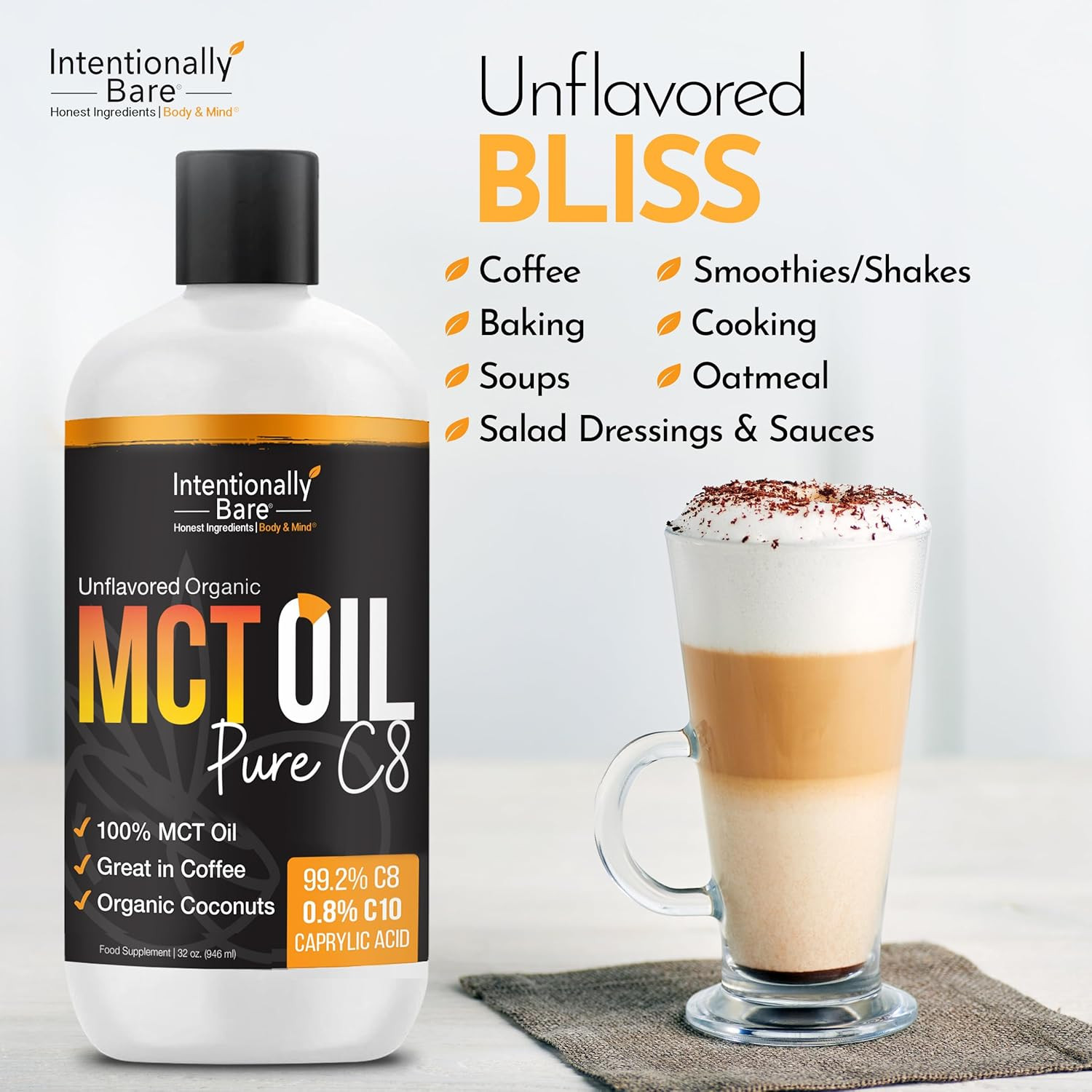Intentionally Bare Pure C8 MCT Oil Organic – Brain 32 Fl Oz (Pack of 1)