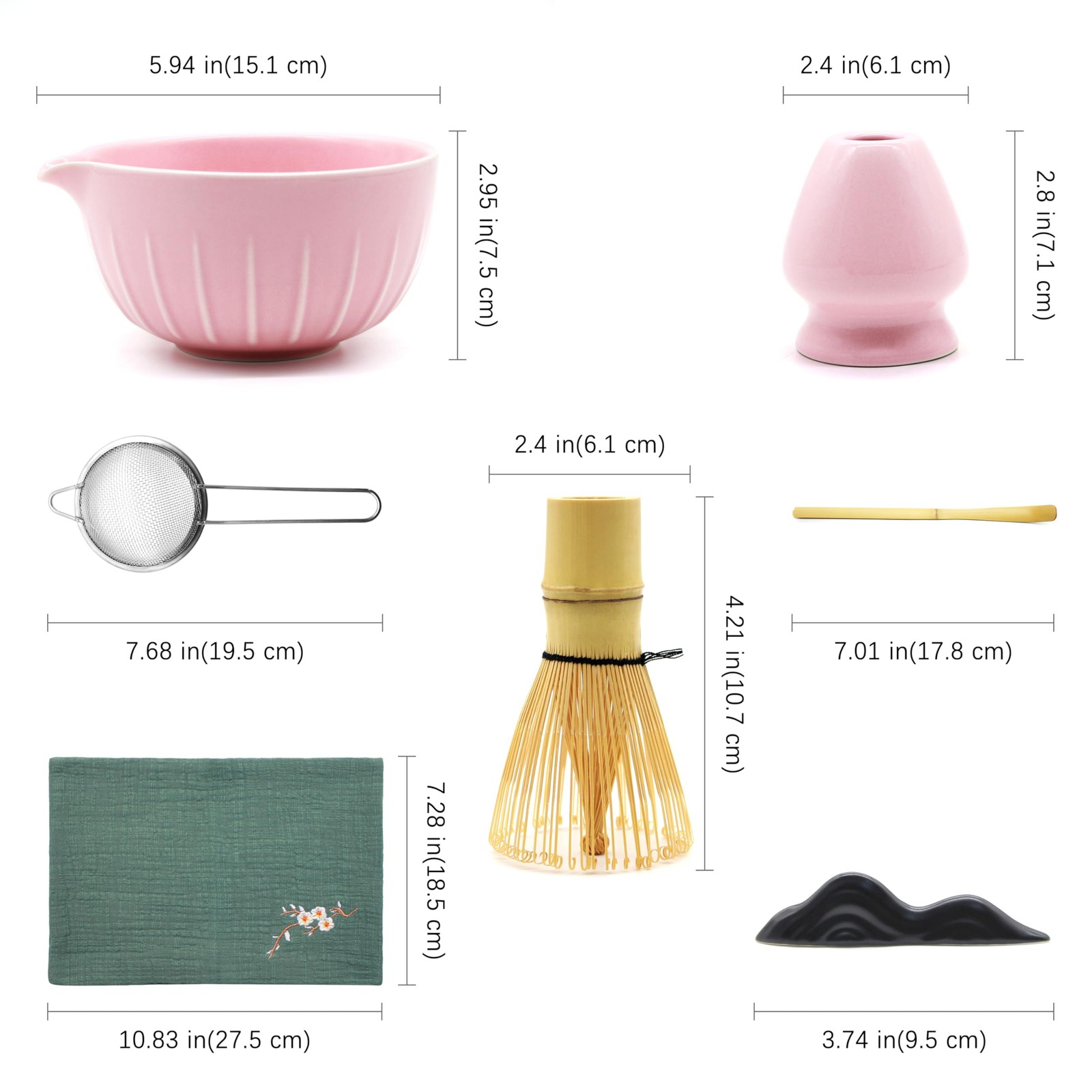 Matcha Tea Set 7 Piece Bamboo Whisk Bowl Ceremony Kit Japanese Pink Gift