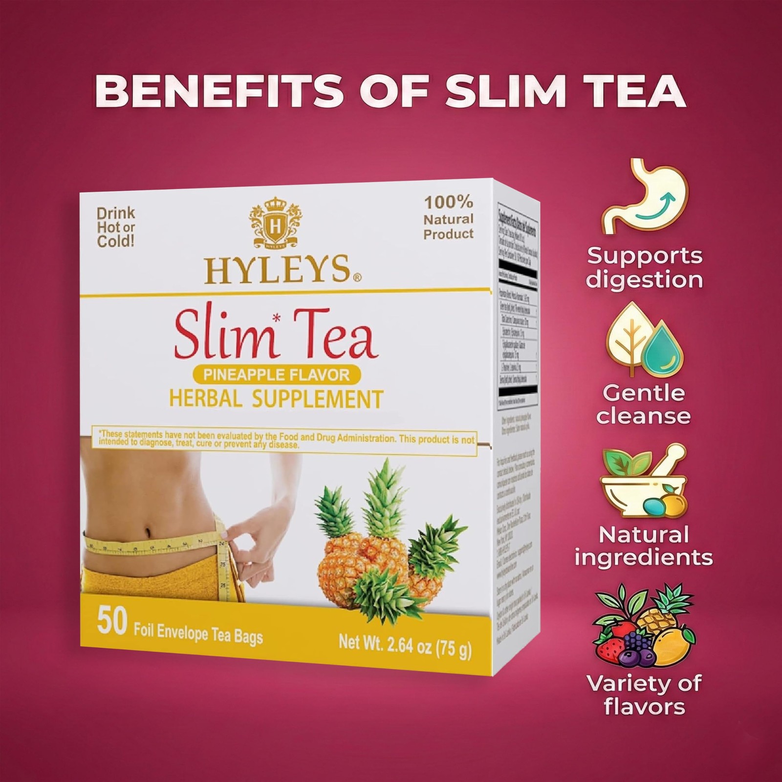 HYLEYS Slim Tea Weight Loss Herbal Supplement 50 Count (Pack of 1), Pineapple