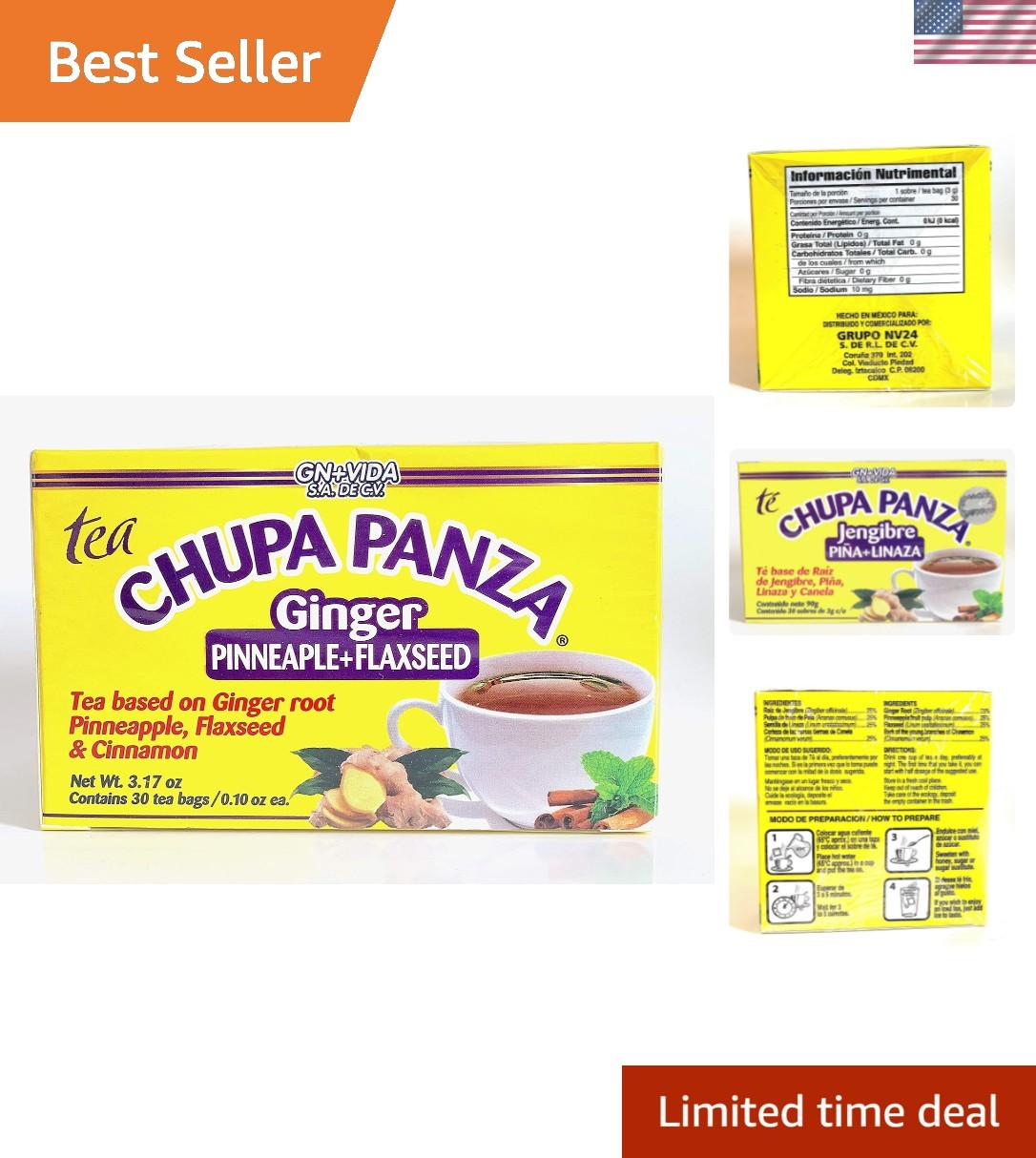 Natural Chupa Panza Ginger Tea: Gentle Detox & Bloating Relief in 30 Bags