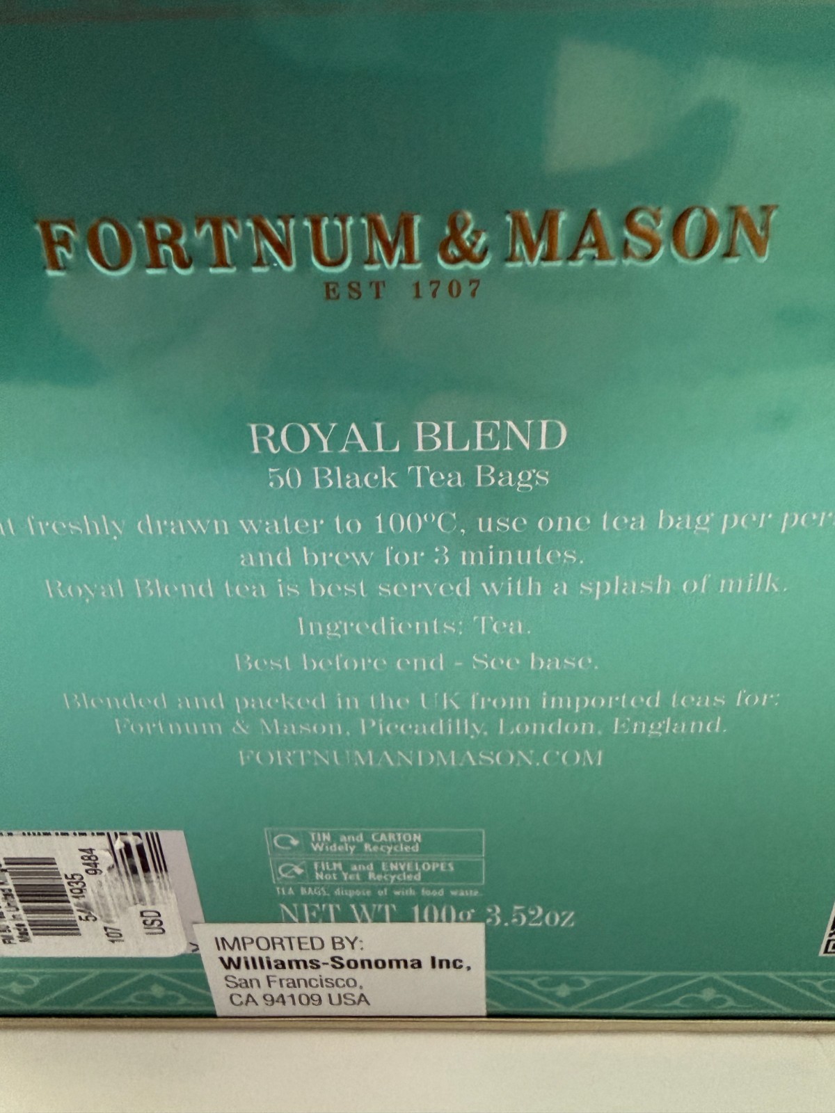 Fortnum & Mason Royal Blend Tea Bags 50 Pack Gift Tin 100g Assam exp 5/28 New