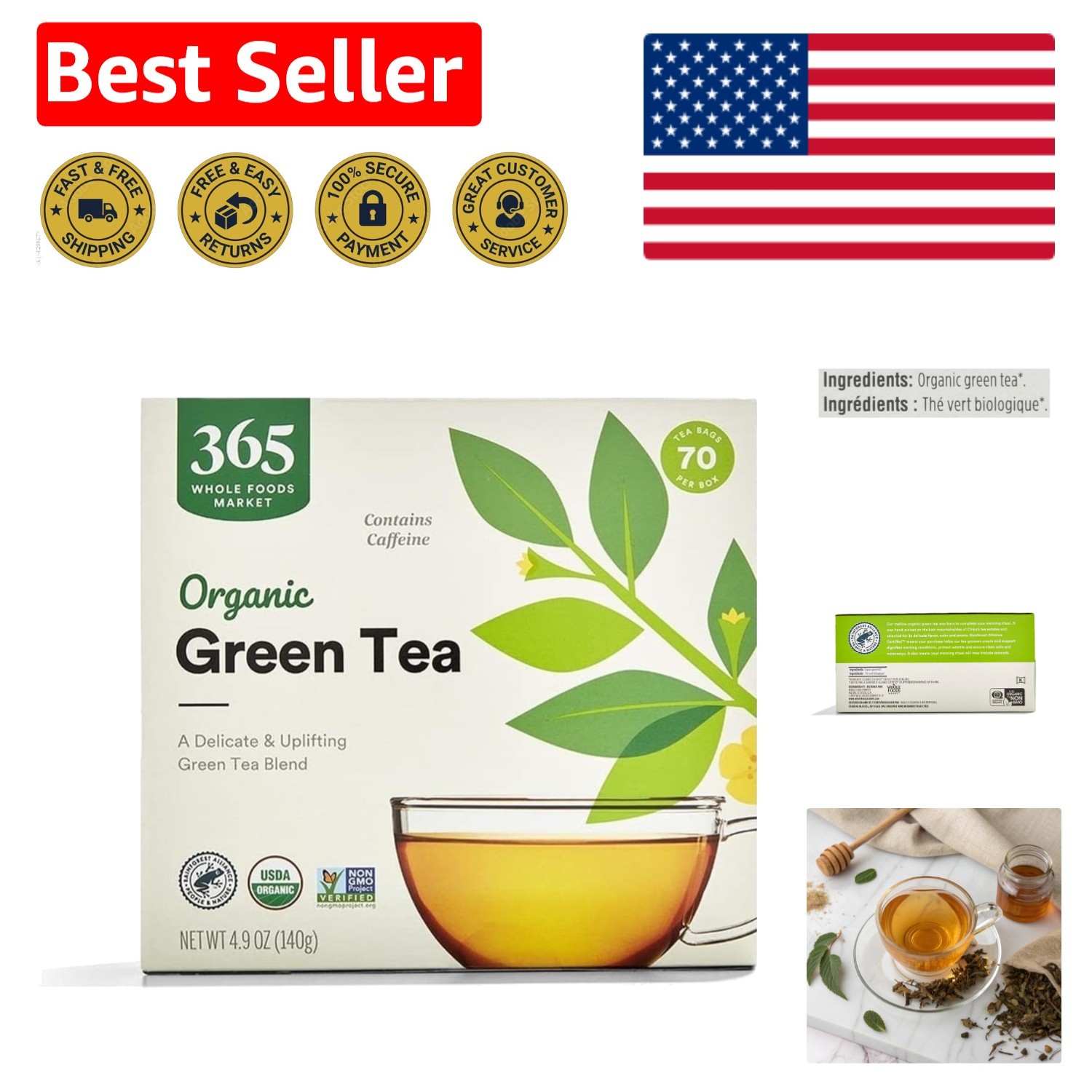 Organic Green Tea Bags, 70 Count | Antioxidant-Rich & High Caffeine Delight