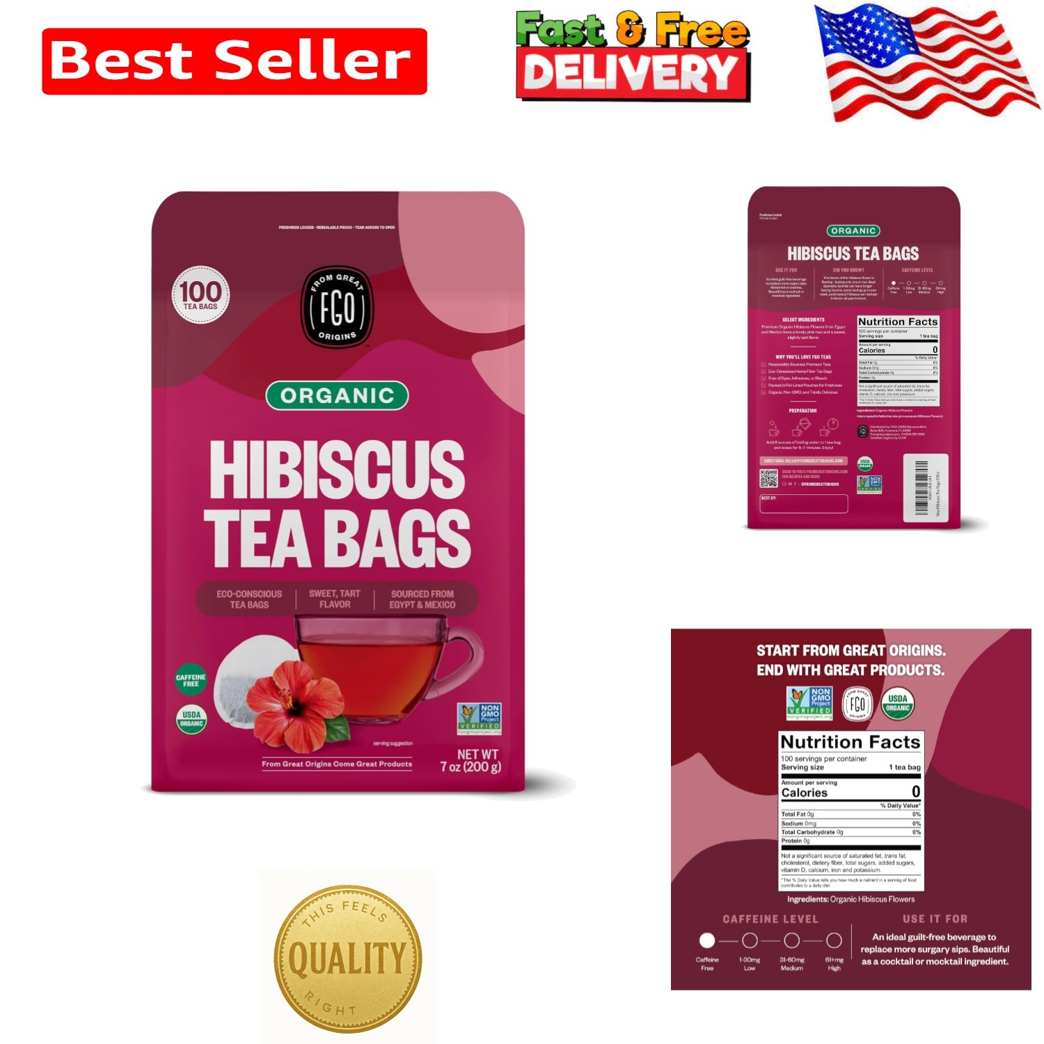 Organic Hibiscus Tea, 100 Count, Eco-Conscious Tea Bags, Caffeine Free, Packa…