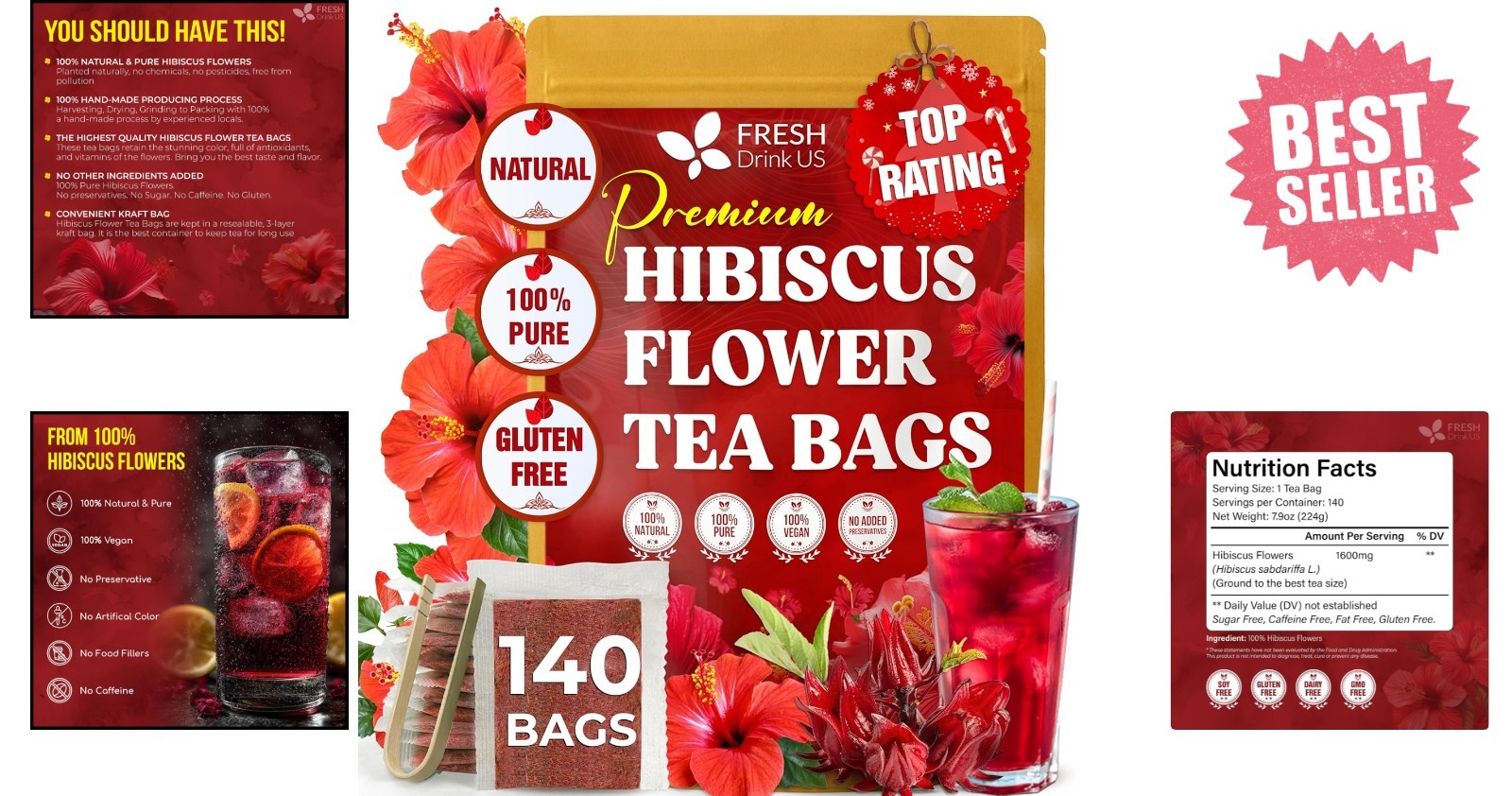 , 140 Hibiscus Flowers Tea Bags, 100% Natural, Handmade & Pure from Hibi