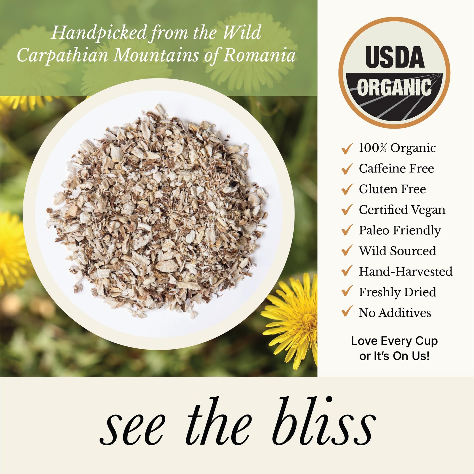 Wild Bliss Organic Wild Raw Dandelion Root Tea – Pharmacopoeia Quality Caffei…