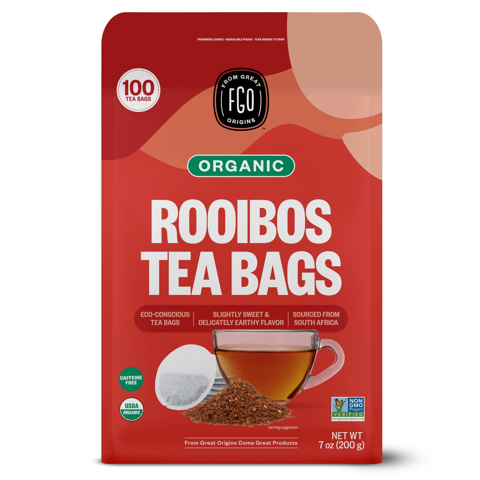 FGO Organic Rooibos Tea, 100 Count, Eco-Conscious Tea Bags, Caffeine Free, Pa…