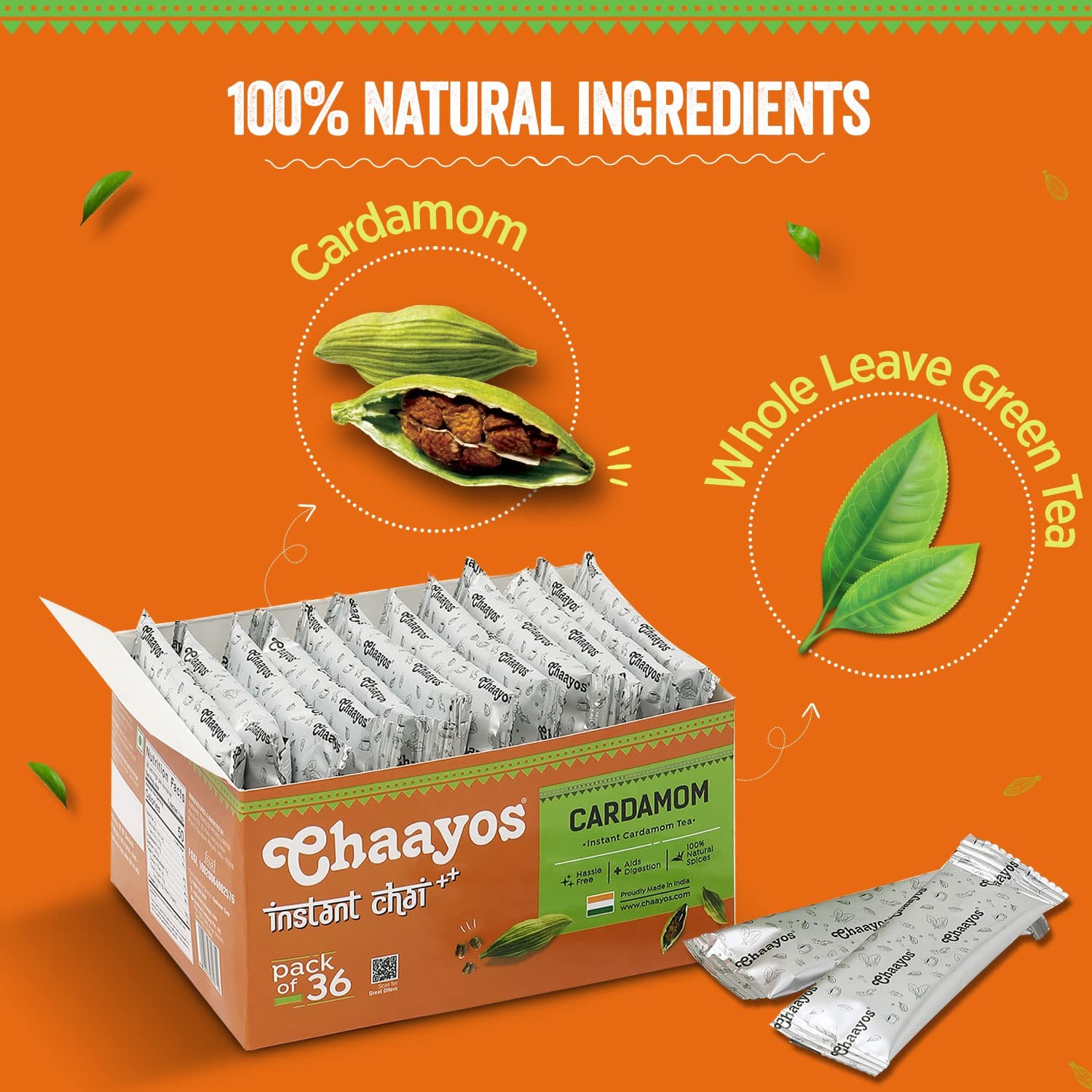 Chaayos Cardamom Instant Tea Premix | 36 Sachets Regular Sugar