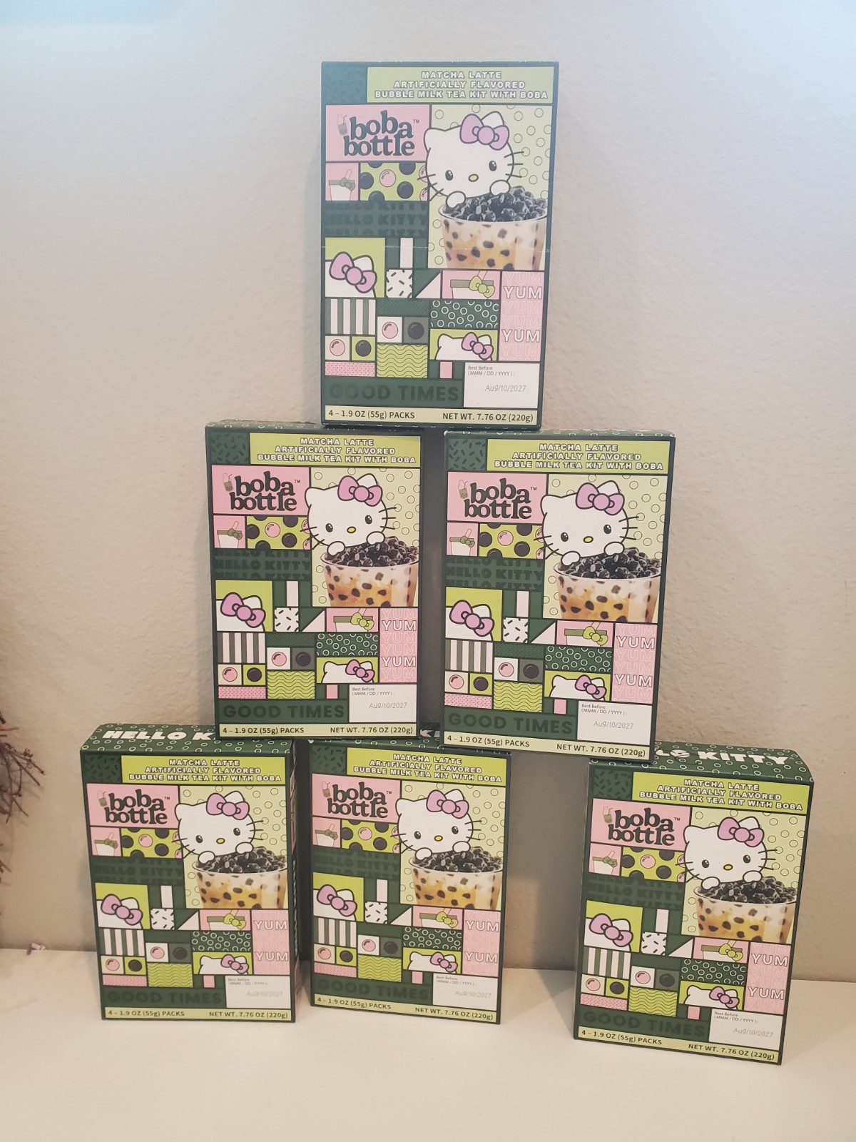 Lot of 6 Hello Kitty Boba Bottle Matcha Latte Bubble Milk Tea, Exp 8/27